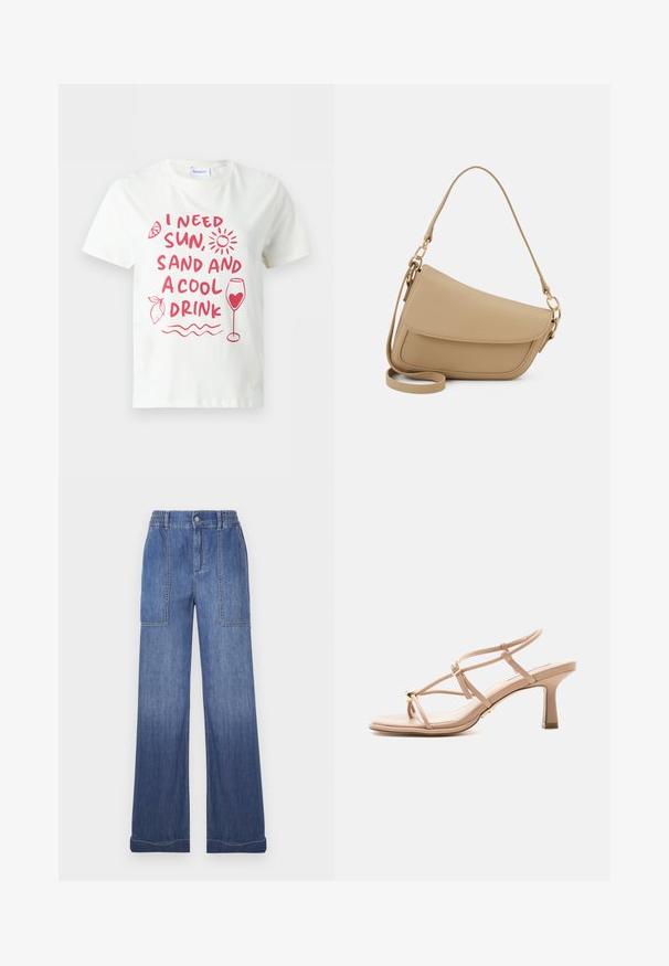 Hvid t-shirt med korte ærmer med rød tekst "Jeg har brug for sol, sand og en kold drink" og illustrationer af sol, citron, bølger og et vinglas med et hjerte.; Blå denimbukser med vide ben og elastisk taljebånd, to forlommer og kontrastsyninger. Stoffet har en let falmet tekstur.; Beige sandaler med høje hæle med tynde stropper, lille spænde, firkantet tå og mellemhøj buet hæl.; Even&Odd Håndtasker - beige