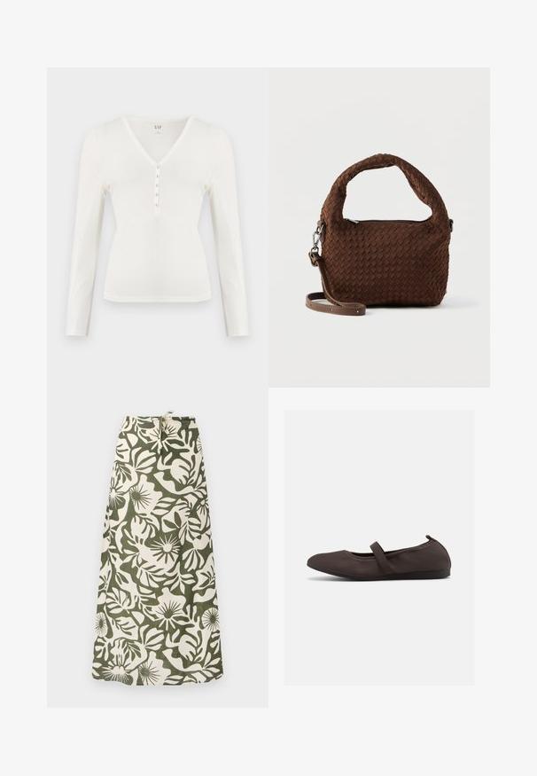 Witte, langärmelige V-hals shirt met een zachte textuur en een knoopsluiting met vijf knopen. Heeft een aangesloten model en subtiele stikdetails.; Lange rok van stof met een groen en crème bloemenpatroon, voorzien van een tailleband met trekkoord en een zachte, textuurachtige afwerking.; Bruine ballerinaschoen met elastische band en ronde neus, getoond op een witte achtergrond, zijaanzicht.; Bruine geweven handtas met een afgeronde handgreep, zilveren beslag en een verstelbare band. Voorzien van een ritssluiting en een gestructureerd oppervlak.