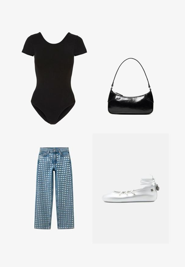 Bodysuit noir à manches courtes en tissu doux, avec un col rond et une silhouette ajustée au design de jambe haute.; Jean en denim bleu avec de grands clous circulaires argentés uniformément espacés couvrant le devant de la taille jusqu'à l'ourlet en colonnes verticales.; Ballerine blanche avec lien à nouer autour de la cheville, devant à lacets, et petite étiquette en métal attachée à la languette du talon, présentée sur un fond uni.; Sac à épaule en cuir noir brillant avec un seul compartiment zippé et une fine bandoulière arquée.