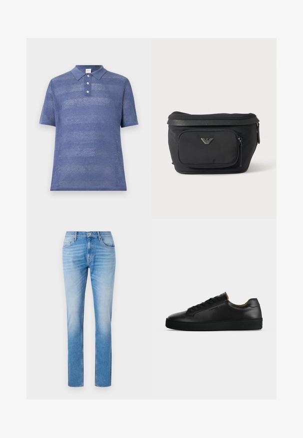 Blå kortærmet polo-shirt lavet af åbenstrikket stof. Har en krave-halsudskæring med tre knapper og en struktureret stribepattern.; Lyseblå denimjeans med lige snit, der har et klassisk fem-lomme design, kontraststikning og en let falmeffekt.; Sort lavtopet læder-sneaker med sorte snørebånd, tekstureret gummisål og lille præget logo på siden, vist i profil mod grå baggrund.; Sort bæltetaske med frontlynlåslomme og sølv ørn-logo, glat stof med tekstureret kant og lynlåstræk.