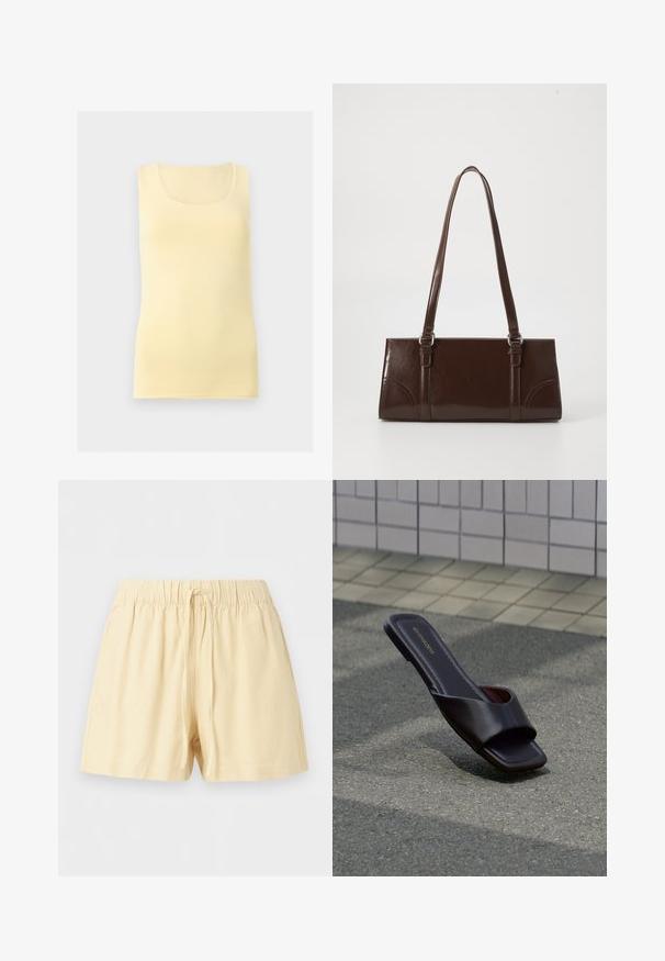 Débardeur jaune pâle sans manches avec un col rond, présenté sur un fond uni gris clair.; Shorts beige en coton avec taille élastique et cordon à l'avant, conçus pour un usage décontracté.; Sandale slide marron foncé à bout carré et large bride, posée sur un goudron gris près d'un trottoir carrelé.; Sac à main en cuir verni marron de forme rectangulaire, avec deux longues poignées et des accents courbés subtils à l'avant.