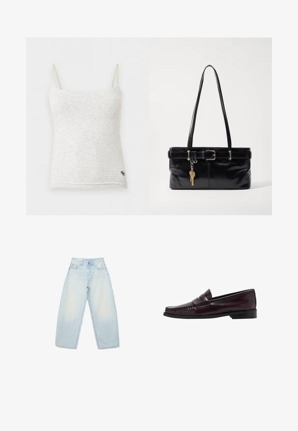 Lysegrå meleret dames camisole med tynde stropper og et lille navy elg-logo nær den nederste kant på højre side.; Lyseblå vidbenede denimjeans med forreste knap- og lynlåslukning, lommer foran og bagpå samt højtaljet design.; Mænds mørkebrune læder penny loafers med sort sål og syning langs tåen, vist i sideprofil.; Osoi SHOULDER BROCLE - Håndtasker - stone black