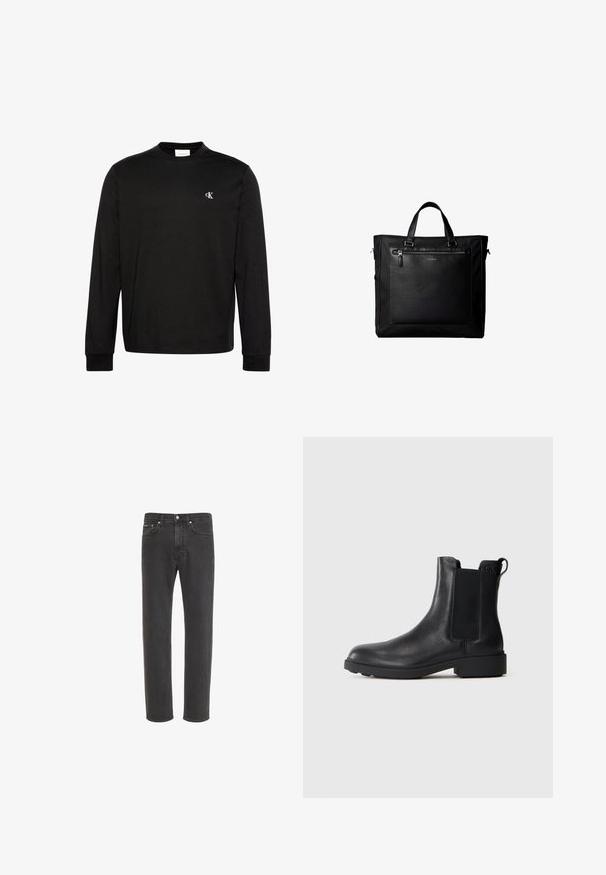 T-shirt noir à manches longues col rond avec petit logo blanc "cK" sur la poitrine gauche et poignets côtelés.; Jean en denim noir à coupe droite avec fermeture avant par bouton et zip, poches avant et arrière, présenté sur fond blanc.; Bottine noire en cuir avec des panneaux élastiques sur les côtés, une languette au talon, et un petit talon bloc sur fond uni.; Sac cabas noir avec doubles poignées, grande poche avant en cuir avec fermeture éclair et logo discret Calvin Klein au centre de la poche.