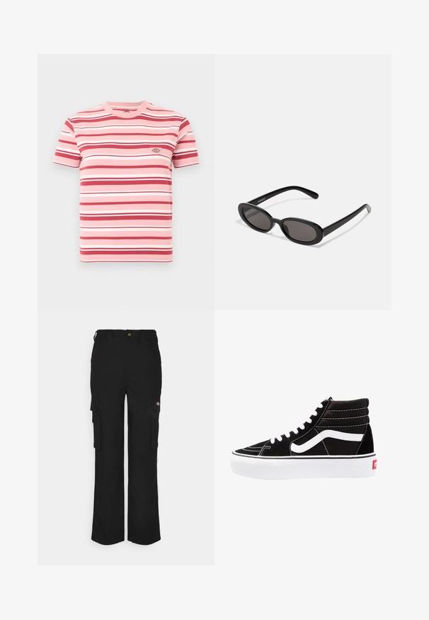 T-shirt rose à manches courtes avec des rayures horizontales rouges, blanches et rose clair, et un petit écusson logo sur la poitrine gauche.; Pantalons cargo noirs en tissu durable, dotés de deux poches latérales, d'une fermeture à bouton et d'une coupe décontractée avec des jambes droites.; Baskets montantes noires avec des lacets blancs, un logo blanc et des coutures blanches contrastées. Dotées d'une épaisse semelle blanche et d'un dessus en daim texturé.; Even&Odd by Zalando Lunettes de soleil - black