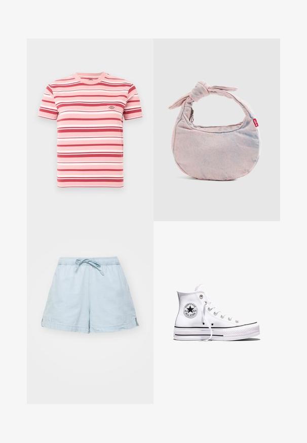 Korte mouwen roze T-shirt met horizontale rode, witte en lichtroze strepen en een klein logoplaatje op de linkerborst.; Lichtblauwe, lichte shorts met een elastische tailleband en trekkoord. Voorzien van zijzakken en een relaxte pasvorm, gemaakt van zachte stof.; Witte Converse Chuck Taylor All Star sneaker met hoge schacht, zwarte strepen en logo-patch aan de zijkant, weergegeven tegen een effen witte achtergrond.; Lichtroze spijkerstof handtas in halve maanvorm met een gestrikte band en een rode Levi's-label op een effen achtergrond.