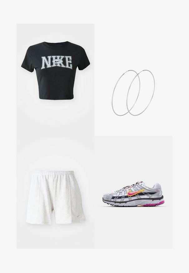 Čierne skrátené tričko z mäkkej tkaniny s okrúhlym výstrihom. Na prednej strane sa nachádza veľké biele logo Nike v tučnom písmene.; Šedé športové šortky vyrobené z ľahkého materiálu, s elastickým pásom, prešitými detailmi a malým logom na spodnej ľavej strane.; Šedé bežecké topánky z materiálu mesh s charakteristickým ružovým a žltým piktogramom, čiernymi akcentmi a textúrovanou gumovou podrážkou. Obsahujú zosilnenú špičku a polstrovaný golier.; Strieborné kruhové náušnice s minimalistickým dizajnom. Cirkulárny tvar, hladký povrch a tenký profil. Ľahké s lesklým povrchom.