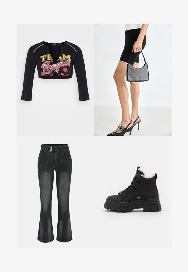 Jaded London CROPPED RAGLAN WITH CONTRAST STITCH & PLACEMENT SCREEN PRINT - T-shirt à manches longues - mehrfarbig; Jean en denim noir délavé à taille haute, fermeture double bouton, poches avant et jambes légèrement évasées.; Buffalo ASPHA MID WARM - Bottines à lacets - black; Sac à main à perles noires avec une silhouette courbée, une poignée de transport et une texture brillante. Porté avec des chaussures à talons hauts noires et un short noir ajusté.