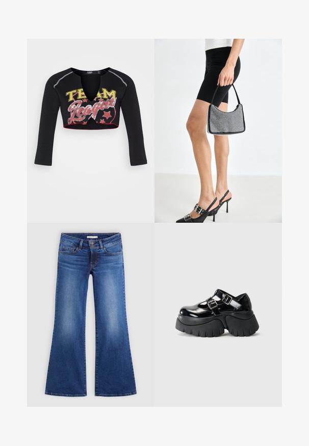 Jaded London CROPPED RAGLAN WITH CONTRAST STITCH & PLACEMENT SCREEN PRINT - Longsleeve - mehrfarbig; Uitgebreide blauwe jeans van denim, met een klassiek vijf-pocket ontwerp, lichte wassing en contrasterende stiksels langs de naden.; Zwarte gepatineerde leren plateau-schoenen met twee verstelbare gespen, een dikke rubberen zool en een uitsparingsontwerp op het bovenste oppervlak.; Zwarte beaded handtas met een gebogen silhouet, draaghandvat en glanzende textuur. Draagt bij hoge zwarte hakken en strakke zwarte shorts.