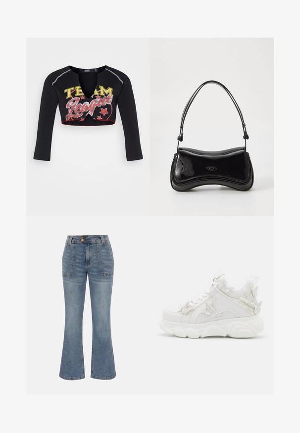Jaded London CROPPED RAGLAN WITH CONTRAST STITCH & PLACEMENT SCREEN PRINT - T-shirt à manches longues - mehrfarbig; Jean en denim bleu à taille haute, poches plaquées à l'avant, fermeture par bouton et zip, et une silhouette de jambe légèrement évasée.; Baskets blanches épaisses avec une semelle épaisse et des accents décoratifs de papillons en 3D sur le côté, les lacets et le talon.; Sac à main en vernis noir avec une forme courbée, une poignée unique et un fond arrondi. Présente un détail de logo discret à l'avant.