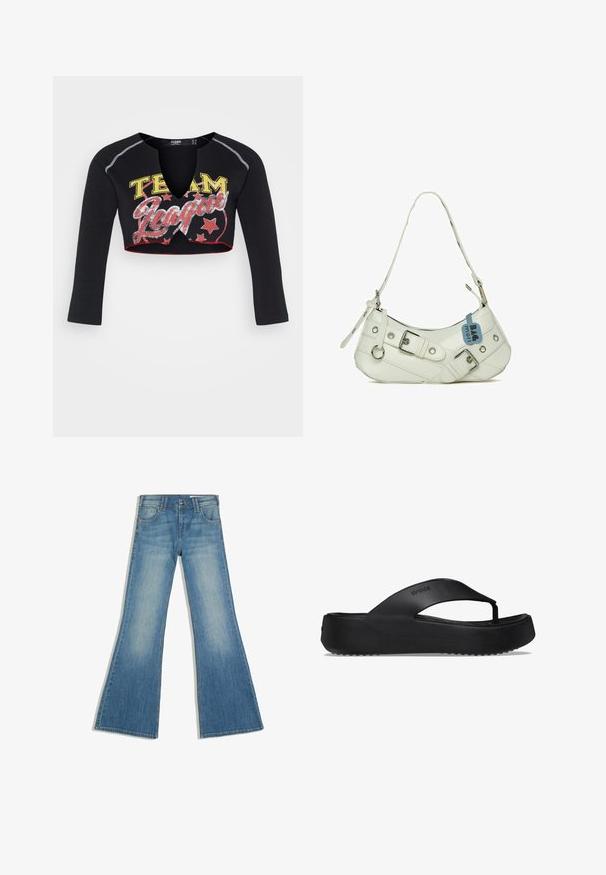 Jaded London CROPPED RAGLAN WITH CONTRAST STITCH & PLACEMENT SCREEN PRINT - Longsleeve - mehrfarbig; Blauwe spijkerbroek met uitlopende pijpen, voorzakken en knoopsluiting, afgebeeld tegen een witte achtergrond.; Zwarte flip-flop sandaal met een verhoogde zool, gemaakt van rubbermateriaal. Kenmerkt zich door een teenband en een gestructureerde voetbed voor grip.; Witte synthetische handtas met een gebogen silhouet, verstelbare schouderband, decoratieve gesp, zilverkleurige hardware en een blauwe label eraan bevestigd.