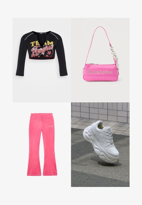 Jaded London CROPPED RAGLAN WITH CONTRAST STITCH & PLACEMENT SCREEN PRINT - Longsleeve - mehrfarbig; Roze uitlopende trainingsbroek van zacht materiaal met een trekkoord in de taille en een strass "JUICY" logo op de linkse heup.; Witte leren sneaker met een zware zool, textuurdetails en vetersluiting. Beschikt over gevormde accenten en een gladde afwerking.; Kleine felroze Juicy Couture-handtas met zilveren kettingdetail en logotekst aan de voorkant, enkele smalle schouderband.