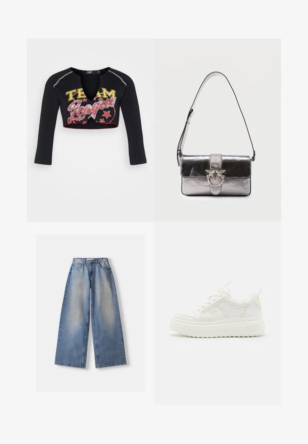 Jaded London CROPPED RAGLAN WITH CONTRAST STITCH & PLACEMENT SCREEN PRINT - T-shirt à manches longues - mehrfarbig; Jean en denim bleu à jambes larges, taille haute et détails délavés, posé à plat sur un fond blanc.; Baskets en cuir blanc avec une semelle épaisse, design à lacets et branding subtil. Présentent une texture lisse et un bout arrondi.; Sac à épaule argenté métallisé avec bandoulière réglable, fermeture à rabat et fermoir décoratif en argent représentant deux oiseaux se faisant face.