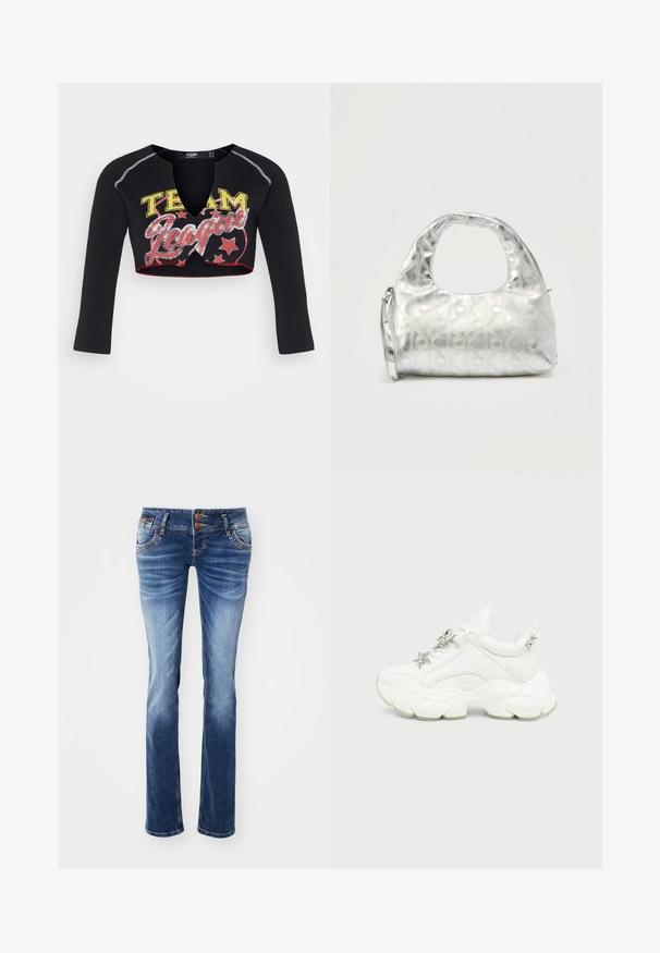 Jaded London CROPPED RAGLAN WITH CONTRAST STITCH & PLACEMENT SCREEN PRINT - Longsleeve - mehrfarbig; Denim jeans in een lichte tot donkere blauwe gradient, met een klassiek vijf-pocket ontwerp, metalen knoopaccenten en een rechte pasvorm.; Witte chunky sneaker met dikke, getextureerde zool, zilveren ster en vlinderdecoraties op witte veters, en zilveren studs op de hieltab.; Zilveren handtas met een gestructureerd patroon van geometrische vormen en cirkels, voorzien van een afgeronde handgreep en een afneembare riem.