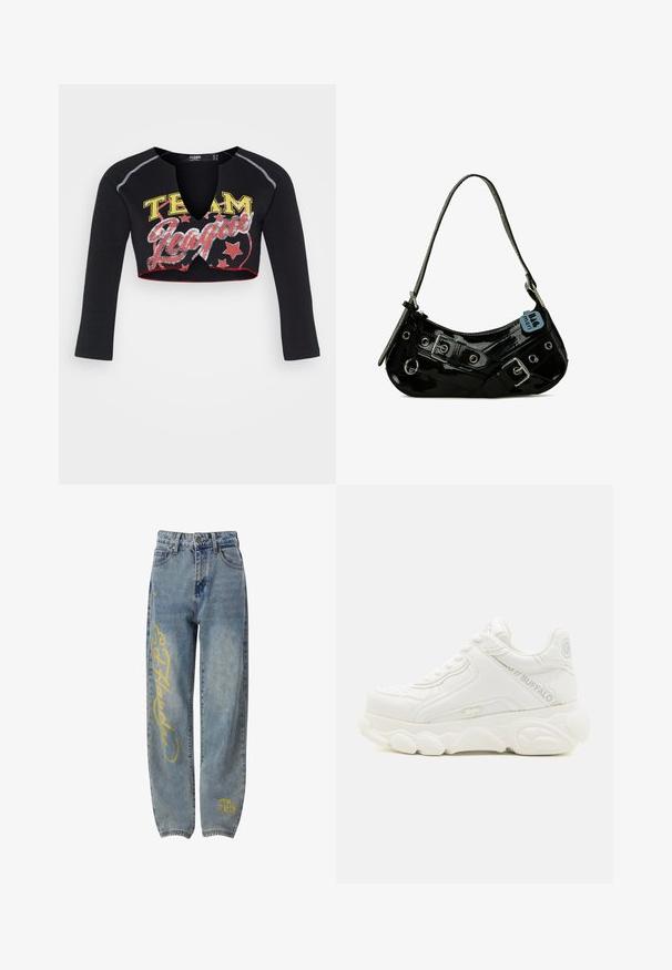 Jaded London CROPPED RAGLAN WITH CONTRAST STITCH & PLACEMENT SCREEN PRINT - T-shirt à manches longues - mehrfarbig; Jean en denim bleu à coupe ample, avec des motifs graphiques jaunes sur la jambe gauche et un petit motif près de l'ourlet inférieur.; Basket blanche épaisse avec semelle épaisse, design à lacets, et marquage "Buffalo" sur le côté et le talon.; Sac à main en cuir verni noir avec une forme incurvée, présentant des ferrures en argent, des boucles décoratives et une bandoulière courte. Étiquette bleue attachée.