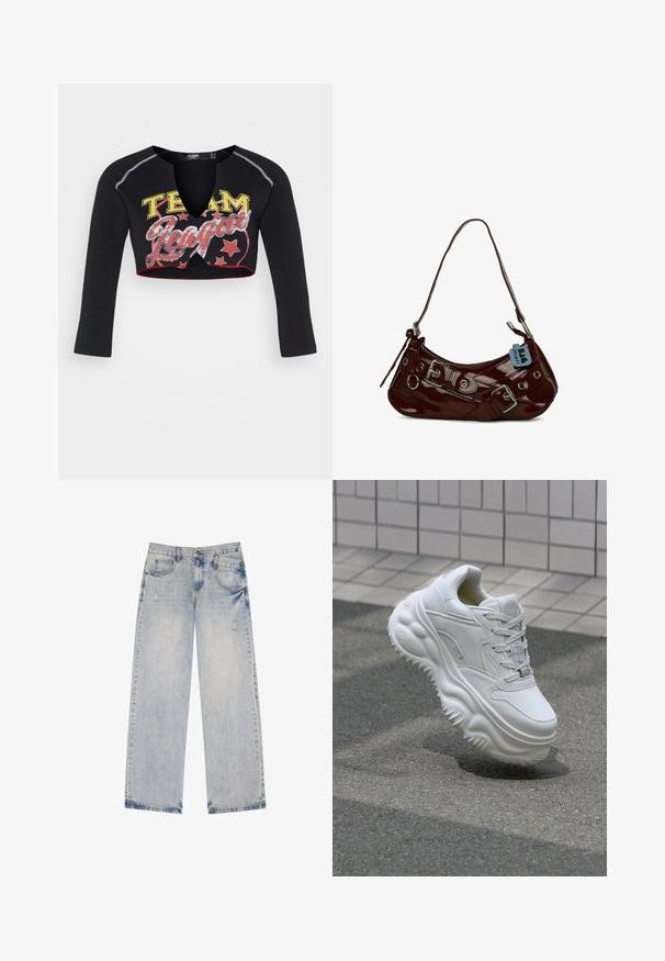 Jaded London CROPPED RAGLAN WITH CONTRAST STITCH & PLACEMENT SCREEN PRINT - Longsleeve - mehrfarbig; Lichtblauwe spijkerbroek met een recht model, voorzien van versleten accenten, vijf zakken en zichtbare stikseldetails.; Witte leren sneaker met een zware zool, textuurdetails en vetersluiting. Beschikt over gevormde accenten en een gladde afwerking.; Bordeaux patenten leren handtas met een gebogen vorm, zilveren hardware accenten en een decoratieve gesp. Bevat een korte strap en ritssluiting.