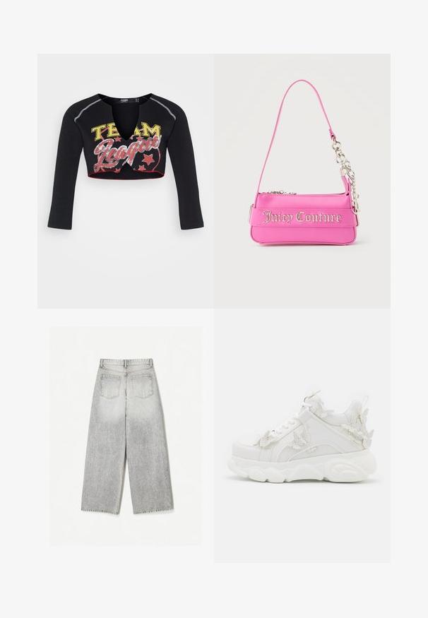Jaded London CROPPED RAGLAN WITH CONTRAST STITCH & PLACEMENT SCREEN PRINT - Longsleeve - mehrfarbig; Grijze denim spijkerbroek met wijde pijpen en een vervaagde afwerking, met twee achterzakken en een onafgewerkte zoom.; Witte chunky sneaker met dikke zool en decoratieve 3D vlinderaccenten aan de zijkant, veters en hiel.; Kleine felroze Juicy Couture-handtas met zilveren kettingdetail en logotekst aan de voorkant, enkele smalle schouderband.