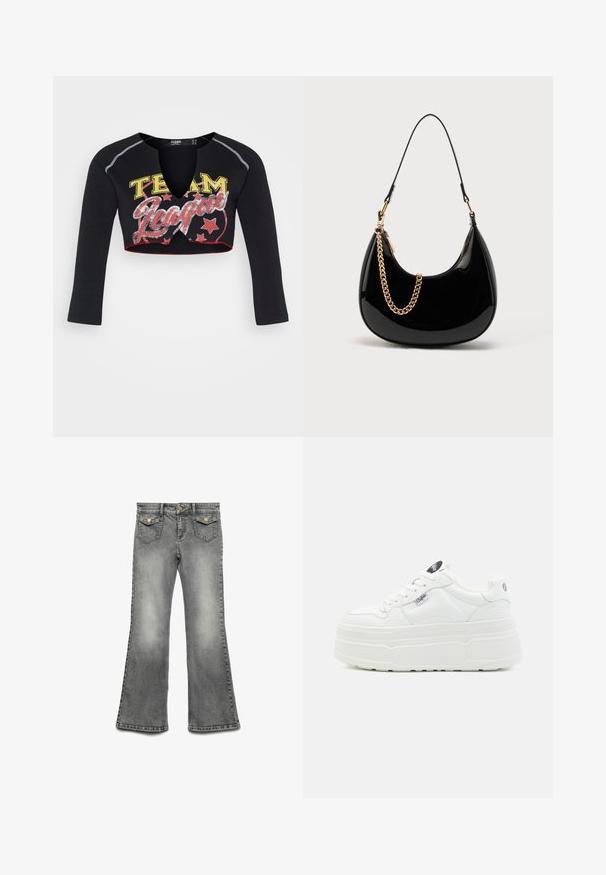 Jaded London CROPPED RAGLAN WITH CONTRAST STITCH & PLACEMENT SCREEN PRINT - Longsleeve - mehrfarbig; Grijze spijkerbroek met flair, voorzien van een vervaagde wassing, vijf-pocket ontwerp en contrasterende gouden hardware. Rechte tailleband met knoopsluiting.; Witte platform sneakers met een glad synthetisch buitenkant, ronde neus, gewatteerde kraag en textuurzool. Bevat een contrasterend logo label.; Zwarte handtas van lakleer met een gebogen vorm, dunne schouderriem en een gouden kettingdetail aan de voorkant. Gladde textuur, minimalistisch ontwerp.