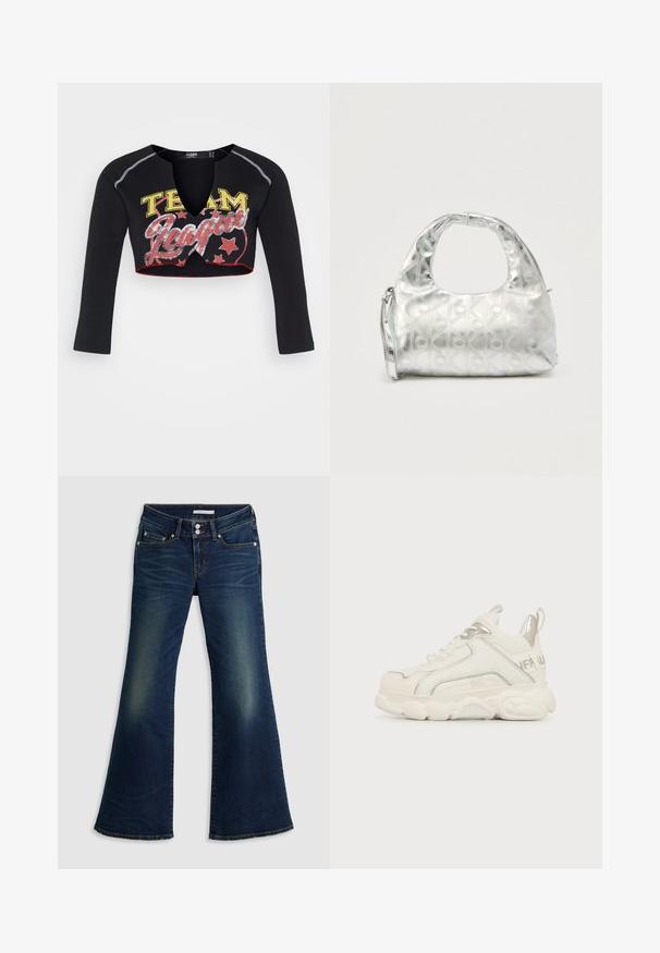 Jaded London CROPPED RAGLAN WITH CONTRAST STITCH & PLACEMENT SCREEN PRINT - T-shirt à manches longues - mehrfarbig; Jean flare super bas en denim bleu foncé avec poches avant et arrière, fermeture à double bouton et détails décolorés sur les cuisses et les genoux.; Baskets blanches épaisses avec semelle épaisse, détail argenté au talon et sur le côté, lacets à l’avant et languette à l’arrière.; Sac à main argenté avec un motif texturé de formes géométriques et de cercles, doté d'une poignée arrondie et d'une bandoulière amovible.