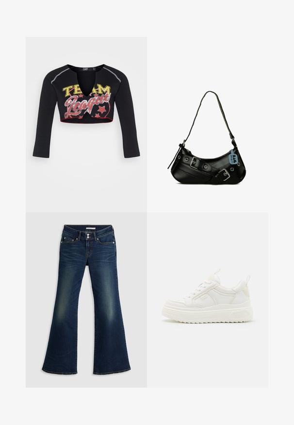Jaded London CROPPED RAGLAN WITH CONTRAST STITCH & PLACEMENT SCREEN PRINT - Longsleeve - mehrfarbig; Donkerblauwe spijkerbroek met superlage flare, voorzien van voor- en achterzakken, dubbele knoopsluiting en vervaagde details op de bovenbenen en knieën.; Witte leren sneakers met een stevige zool, vetersluiting en subtiele branding. Heeft een zachte textuur en een ronde neus.; Zwarte synthetische handtas met een gebogen vorm, verstelbare schouderriem en decoratieve metalen gespen. Heeft een gladde, glanzende textuur.