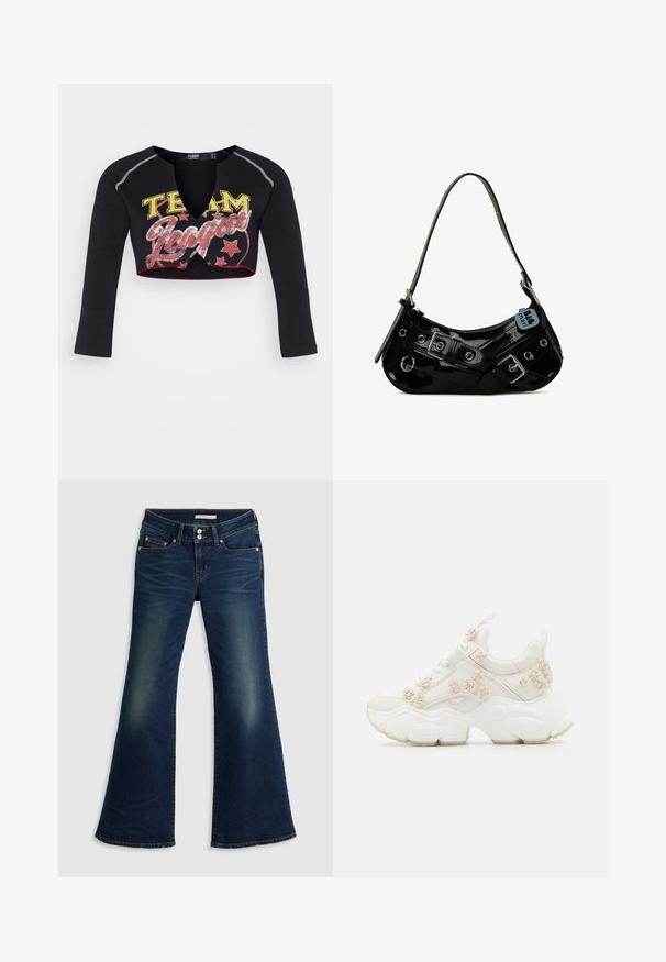 Jaded London CROPPED RAGLAN WITH CONTRAST STITCH & PLACEMENT SCREEN PRINT - Longsleeve - mehrfarbig; Donkerblauwe spijkerbroek met superlage flare, voorzien van voor- en achterzakken, dubbele knoopsluiting en vervaagde details op de bovenbenen en knieën.; Buffalo BINARY ROSE - Sneakers laag - white; Zwarte gepatineerde leren handtas met een gebogen vorm, voorzien van zilveren hardware, decoratieve sluitingen en een korte schouderband. Blauwe label bevestigd.