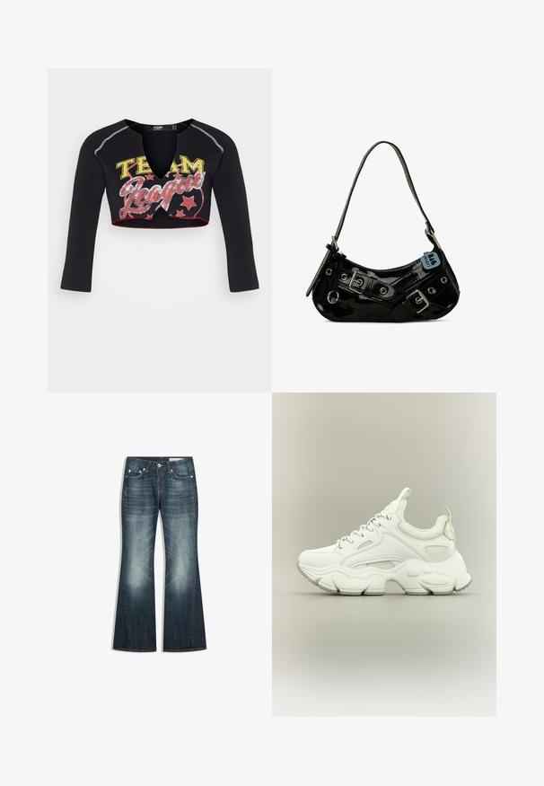 Jaded London CROPPED RAGLAN WITH CONTRAST STITCH & PLACEMENT SCREEN PRINT - Top s dlhým rukávom - mehrfarbig; Tmavomodré džínsy bootcut s vyblednutými časťami na stehnách a kolenách, dizajn s piatimi vreckami a kovovým zapínaním na gombík.; Biele robustné tenisky s hrubou textúrovanou podrážkou, sieťovinovým a koženým zvrškom, zapínanie na šnúrky a pútka na jazyku a päte.; Čierna lakovaná kožená taška s zakriveným tvarom, s striebornými kovaniami, dekoratívnymi prackami a krátkym popruhom. Pripojená modrá visačka.