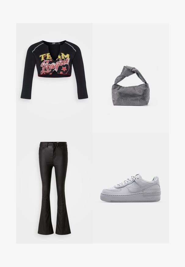 Jaded London CROPPED RAGLAN WITH CONTRAST STITCH & PLACEMENT SCREEN PRINT - T-shirt à manches longues - mehrfarbig; Jean évasé noir en tissu brillant et lisse. Comprend une taille haute, des poches avant, et une braguette zippée avec un bouton de fermeture.; Basket en cuir lisse gris Nike Air Force 1 avec un bout perforé, une semelle épaisse et un détail 'AIR' en relief sur le talon.; Sac à main noir et argent avec une surface texturée affichant un motif en diamant, une anse nouée et une forme structurée.