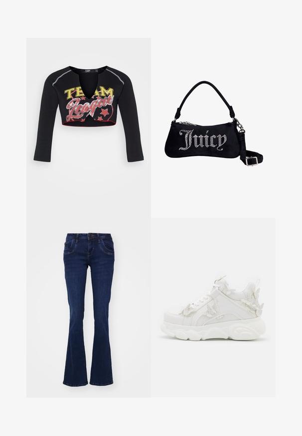 Jaded London CROPPED RAGLAN WITH CONTRAST STITCH & PLACEMENT SCREEN PRINT - T-shirt à manches longues - mehrfarbig; Jean flare bleu foncé en denim. Comprend cinq poches, une fermeture éclair à l'avant et des détails de couture le long des coutures.; Baskets blanches épaisses avec une semelle épaisse et des accents décoratifs de papillons en 3D sur le côté, les lacets et le talon.; Sac à épaule en velours noir avec "Juicy" écrit en strass, doté d'une poignée courte et d'une sangle amovible et réglable avec boucle en argent.