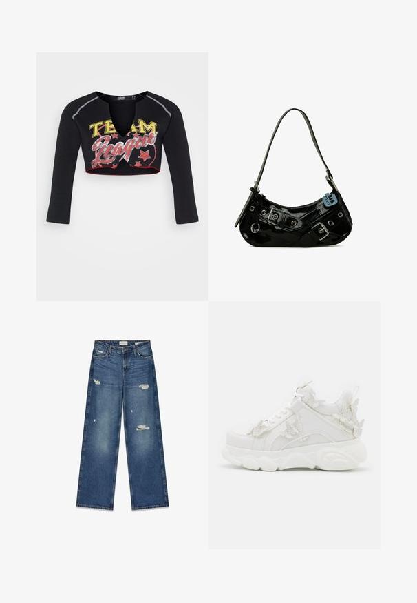 Jaded London CROPPED RAGLAN WITH CONTRAST STITCH & PLACEMENT SCREEN PRINT - T-shirt à manches longues - mehrfarbig; Jean bleu à jambes larges en denim avec des zones décolorées et des patches usés visibles. Coutures apparentes surpiquées et fermeture éclair.; Baskets blanches épaisses avec une semelle épaisse et des accents décoratifs de papillons en 3D sur le côté, les lacets et le talon.; Sac à main en cuir verni noir avec une forme incurvée, présentant des ferrures en argent, des boucles décoratives et une bandoulière courte. Étiquette bleue attachée.