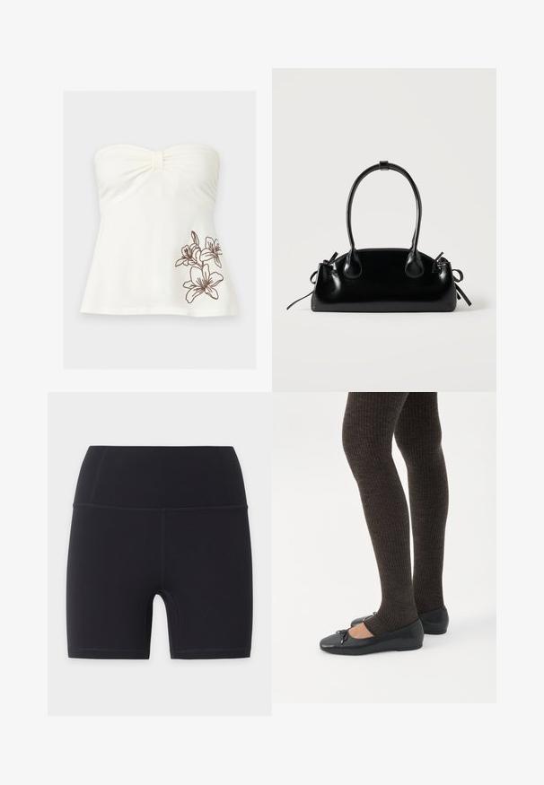 Haut blanc sans bretelles avec centre froncé et broderie florale marron sur le bas, sur fond gris clair.; Shorts de cyclisme sportifs noirs taille haute avec coutures plates, conçus pour une coupe ajustée et une longueur mi-cuisse.; Jambes portant des leggings côtelés foncés associés à des ballerines noires avec de petits détails en nœud sur fond blanc.; Petit sac à main noir brillant avec deux longues anses et des détails à cordon sur les côtés sur un fond clair uni.