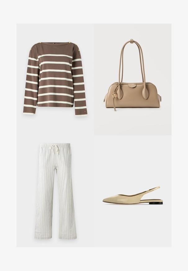 Top de manga larga marrón con rayas horizontales blancas, botones dorados en los hombros y un pequeño logo cerca del puño de la manga izquierda.; Pantalones blancos con cordón y finas rayas verticales azules, con cintura elástica, mostrados de frente sobre un fondo liso.; Zapato plano beige con puntera puntiaguda, diseño slingback, tacón bajo negro y acabado en cuero liso, mostrado de perfil sobre un fondo liso.; Bolso beige con textura de cuero suave. Forma redondeada, dos asas largas y un detalle de herrajes dorados en el cierre de cremallera.