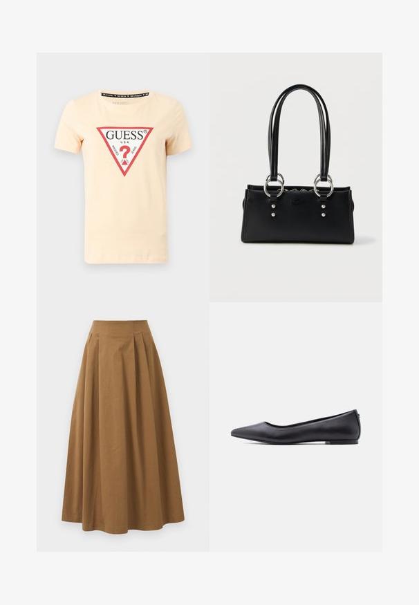 Licht perzikkleurig katoenen T-shirt met een ronde hals, korte mouwen en een driehoekige rode en zwarte "GUESS" logo-afbeelding op de voorkant.; Bruine katoen A-lijn rok met een hoge taille, voorzien van plooien aan de voorkant en een gladde textuur. De zoomafwerking is schoon en eenvoudig.; Zwarte platte leren schoen met puntige neus en lage hak, zijaanzicht tegen een witte achtergrond.; Zwarte rechthoekige handtas met dubbele handvatten, zilveren ringbeslag en een subtiel reliëflogo aan de voorkant tegen een witte achtergrond.