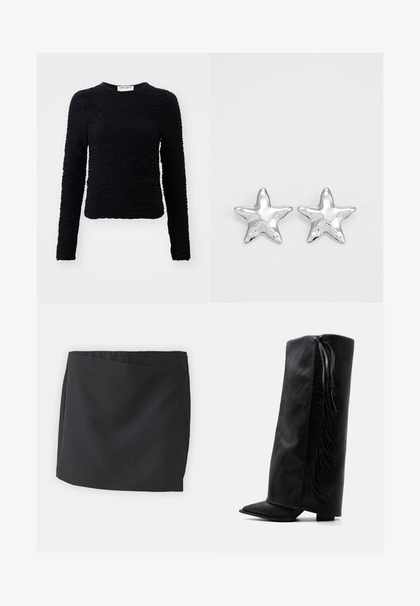 Haut noir à manches longues en matériau texturé avec un design froncé, présentant un col rond et un ourlet qui se situe à la taille.; Mini-jupe noire avec une texture de tissu lisse, présentant un design enveloppant et un ourlet droit. Pas de matériel visible ni de motifs.; Botte noire en cuir montante jusqu’au genou avec bout pointu et franges décoratives le long du côté extérieur sur fond blanc uni.; Boucles d'oreilles argentées en forme d'étoile, avec une surface lisse et brillante. Chaque boucle d'oreille possède cinq pointes et des détails subtils de texture de surface.