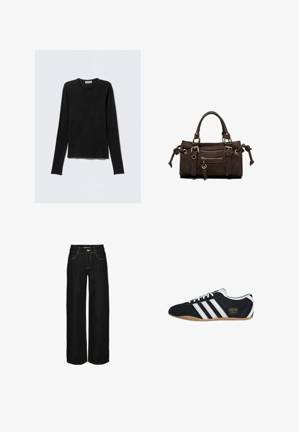 Sort langærmet skjorte lavet af blødt stof. Har rund halsudskæring og let frynset kant ved ærmerne, med en afslappet pasform og minimalistisk design.; Sorte wide-leg jeans lavet af denim med kontrasterende gul syning. Har en knaplukning og flere lommer.; Sort ruskinds sneaker med hvide tre striber, guldlogo og en brun gummisål. Har et lavprofil snørebåndsdesign.; Mørkebrun læderhåndtaske med dobbelte håndtag, forreste lynlåslomme, dekorative spænder og sideknuder på hvid baggrund.