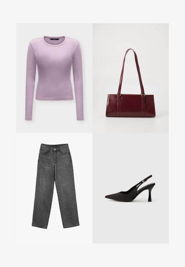 Langemouw slim-fit shirt met ronde hals in licht lavendel met geribbelde structuur, weergegeven op een effen lichte achtergrond.; Zwarte high-waisted straight-leg jeans met een knoop aan de voorkant en zakken, weergegeven op een witte achtergrond.; Zwarte slingback hakken met een spitse neus, een gladde matte afwerking en een slanke, glanzende hak. Verstelbare band met een klein gespdetail.; Bourgondische handtas van glanzend materiaal, rechthoekige vorm, met twee schouderbanden en subtiele gebogen accenten aan de voorkant.