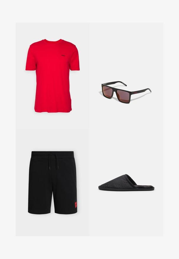 HUGO DERO - T-Shirt basic - open pink; Schwarze knielange Shorts mit elastischem Bund und Kordelzug, mit einem kleinen roten rechteckigen Logo-Patch am unteren linken Bein.; BOSS HOME SLIP - Hausschuh - black; Schwarze rechteckige Sonnenbrille mit dunkelroten Gläsern, mit matter Oberfläche und rotem Logo am Bügel. Robuster Kunststoffrahmen.