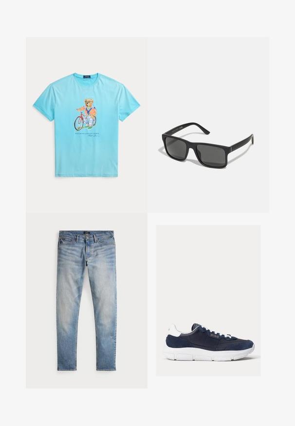 Hellblaues T-Shirt mit einer Grafik eines Bären mit Sonnenbrille und Freizeitkleidung, der neben einem roten Fahrrad steht.; Helle blaue Denim-Jeans mit einem ausgewaschenen Finish, Fünf-Taschen-Design und kontrastierenden Nähten. Mit Reißverschluss und Gürtelschlaufen. Gerade geschnitten.; Marineblaue Sneaker mit einer Kombination aus glattem Leder und Wildlederobermaterial, weißer Gummisohle und kontrastierenden weißen Schnürsenkeln mit Logo-Akzent an der Seite.; Schwarze rechteckige Sonnenbrille mit dunklen Gläsern und matter Oberfläche. Enthält das eingeprägte "POLO"-Logo an den Bügeln und ein robustes Rahmendesign.
