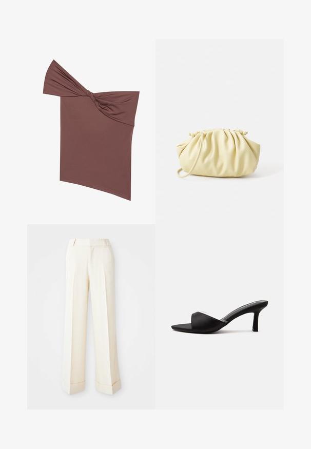 Braun, schulterfreies Oberteil aus einem glatten, dehnbaren Stoff. Es hat ein asymmetrisches Design mit einem Knoten-Detail auf einer Seite.; Beige weit geschnittene Hose mit glatter Textur, vorderen Biesen und umgeschlagenen Säumen. Mit Gürtelschlaufen und Reißverschluss.; Schwarzer offener Mule-Schuh mit mittelhohem, schlankem Absatz und breitem Riemen vorne, seitlich auf einfarbigem Hintergrund gezeigt.; Gelbe, gefaltete Handtasche aus glattem Kunstleder mit weicher Form, einzigem Schulterriemen und gerafftem Oberteil.