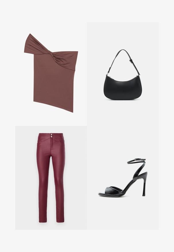 Hnedý top bez ramienok s prekrúteným dizajnom vyrobený z hladkej, elastickej látky. Má asymetrický strih s detailom uzla na jednej strane.; Bordové skinny nohavice z imitácie kože s vysokým pásom, ktoré majú dva predné gombíky, šikmé predné vrecká a hladký, lesklý povrch.; Čierna sandála na vysokom opätku s otvorenou špičkou, úzkym ihlovým opätkom a remienkom na členku so sponou na bielom pozadí.; Pieces PCALUANA SHOULDER BAG - Kabelka - black