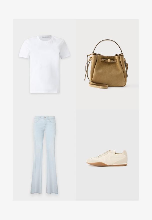 Camiseta blanca lisa de manga corta con cuello redondo y una pequeña etiqueta de la marca en el interior del cuello que dice "Tiger of Sweden."; Jeans acampanados de color azul claro hechos de mezclilla. Incluyen cierre con botón, cinco bolsillos y costuras sutiles. Textura suave y piernas anchas.; Zapatillas deportivas color beige claro con parte superior de cuero texturizado, paneles laterales texturizados y suela de goma. Presentan un diseño elegante y estilizado con cordones planos.; Bolso de ante marrón con ribete de cuero cosido, asa superior, detalle de botón frontal y correa de hombro desmontable sobre un fondo liso.