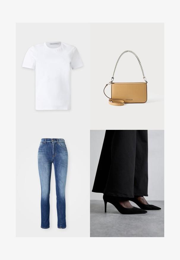 Enkelt hvid t-shirt med korte ærmer og rund hals med et lille mærke inden i kraven med teksten "Tiger of Sweden."; Skræddersyede jeans i mellemblå denim, med en falmet effekt, fem lomme-design, bæltesløjfer og en metalknaplukning.; Sorte ruskind højhælede sko med spidse tæer, båret med sorte brede bukser, har et slankt design og en subtil glans.; Rektangulær skuldertaske i tanfarvet læder med sølvkædehåndtag og fastgjort tanret læderrem, præget "Michael Kors"-logo på fronten.