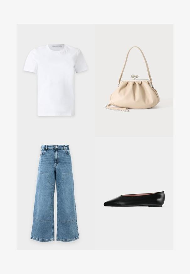 Schlichtes weißes T-Shirt mit kurzen Ärmeln und Rundhalsausschnitt, mit einem kleinen Markenlabel innen im Kragen mit der Aufschrift "Tiger of Sweden."; Helle blaue Denim-Wide-Leg-Jeans mit hoher Taille, großen Fronttaschen und sichtbaren Nähten. Verfügt über ein klassisches Fünf-Taschen-Design.; Schwarzer flacher Damenleder-Schuh mit spitzer Kappe und niedrigem Absatz, von der Seite auf einfarbigem hellgrauem Hintergrund gezeigt.; Beige weiche Lederhandtasche mit silbernem Metallrahmenverschluss, einem Schulterriemen und einem optionalen Kettenriemen auf weißem Hintergrund.