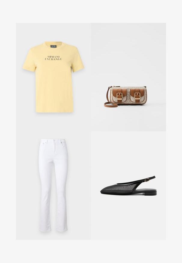 Gul bomuld T-shirt med rund halsudskæring og korte ærmer, med "ARMANI EXCHANGE" trykt i kontrastgrå på forsiden.; Hvide denim flared jeans med høj talje, fire lommer og lukning med en forhøjning foran. Har en glat tekstur og pæne kanter.; Sort slingback flad sko med spids tå, mesh overdel, justerbar spænde rem og lav stablet hæl på hvid baggrund.; Brun læder håndtaske med en mønstret beige canvas krop, to forlommer med guld spænder og en aftagelig rem. Lynlås lukning.