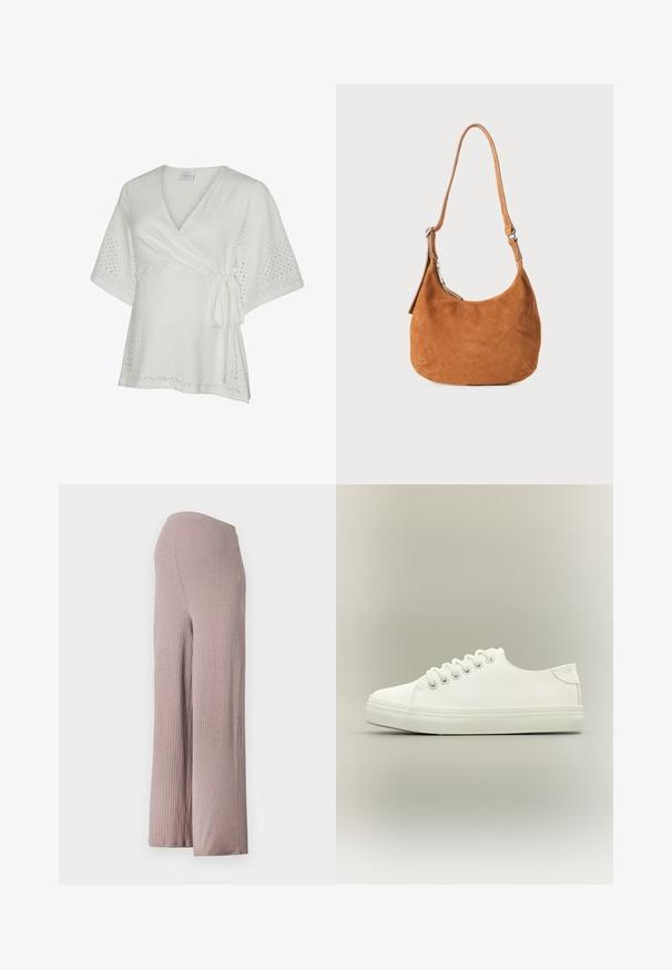 Blouse blanche à manches courtes en tissu ajouré, avec col en V et fermeture par nouage sur le côté.; Pantalons larges côtelés rose clair avec une taille sans couture, en tissu doux et texturé, offrant une silhouette décontractée.; Baskets basses blanches avec lacets blancs et semelle en caoutchouc, vues de côté sur un fond neutre.; Sac à main en daim beige avec un design incurvé, une bandoulière ajustable, une fermeture éclair en métal et un détail de logo embossé à l'avant.