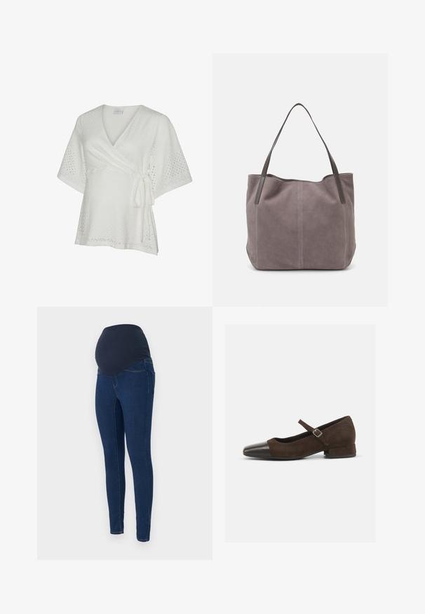 Blouse blanche à manches courtes en tissu ajouré, avec col en V et fermeture par nouage sur le côté.; Jeans de maternité en denim bleu foncé, avec une taille élastique foncée et un design slim avec poches.; Chaussure Mary Jane en daim marron avec un embout en cuir verni noir, bride ajustable et un petit talon carré. Texture lisse avec de minimalistes accents.; Sac fourre-tout en suédine grise avec deux poignées en cuir foncé. Présente des coutures sur les côtés, une texture douce et une ouverture spacieuse.