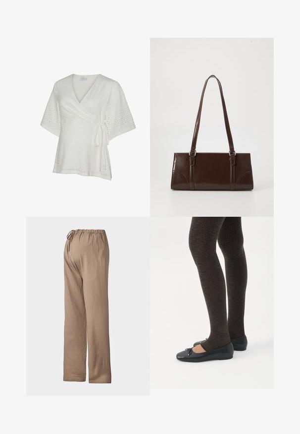 Blusa blanca de manga corta estilo cruzado con tela de ojales, escote en V y cierre lateral con lazo.; Pantalones sueltos color marrón claro con cintura elástica y cordón ajustable, hechos de un tejido suave, con un diseño de pierna recta.; Piernas con leggings oscuros acanalados combinados con bailarinas negras que presentan pequeños detalles de lazo sobre un fondo blanco.; Bolso de mano de piel sintética marrón con forma rectangular, dos asas largas y sutiles acentos curvados en la parte delantera.