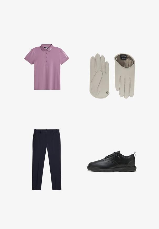 Polo de manga corta en púrpura claro, fabricado en tejido suave. Presenta un cuello, tapeta con tres botones y acentos de logo en la manga.; Pantalones oscuros de navy para hombre, de corte slim, con pasadores para cinturón, bolsillos frontales, cremallera y pequeñas aberturas en la parte delantera del dobladillo.; Zapato de cuero negro con un acabado suave, panel lateral texturizado, diseño de cordones y cuello acolchado. Presenta un logo sutil y acentos con patrón.; Guantes de cuero gris claro con una textura suave, que presentan un corte ligeramente curvado, detalles cosidos y un acento de logotipo en el puño.