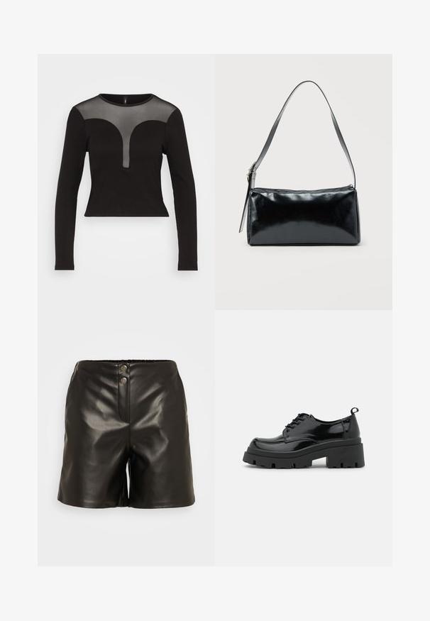 Top negro de manga larga con un diseño ajustado. Panel de malla transparente en el pecho con un escote curvado y un dobladillo corto. Textura suave.; ONLY ONLELVIRA - Shorts - black; Zapatos de charol negros con una suela de plataforma gruesa y cordones gruesos. Punta redondeada, detalles mínimos y una pequeña lengüeta en la parte trasera.; Bolso de hombro rectangular negro con una correa ajustable y un cierre de cremallera superior sobre un fondo liso.