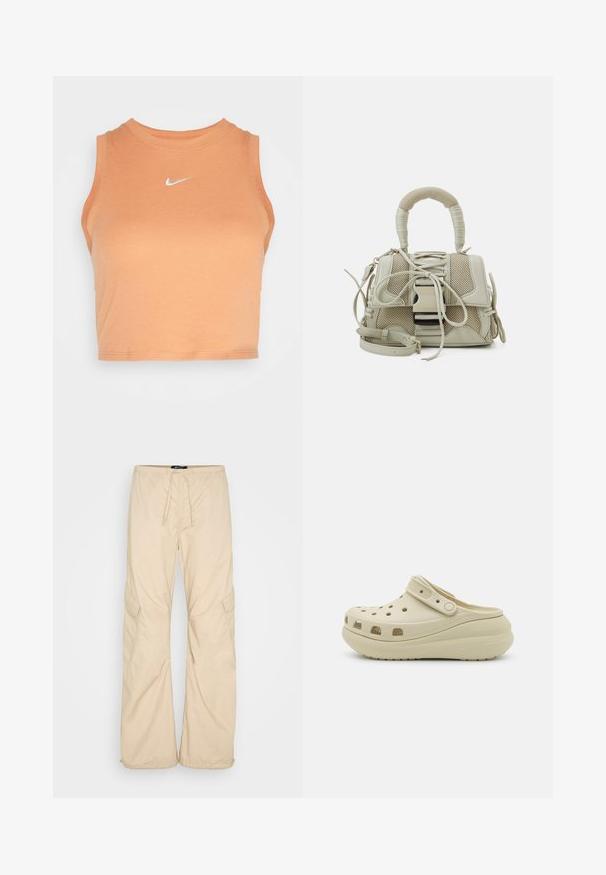 Nike Sportswear TANK - Top - amber brown/sail; Gina Tricot PARACHUTE TROUSERS - Pantalones cargo - beige; Zueco beige sin cordones con parte superior perforada, correa ajustable y suela gruesa acolchada diseñada para comodidad casual.; Bolso de mano beige con un diseño de malla texturizada, forma estructurada, con un asa superior y una correa desmontable; cuenta con detalles de cordones y acentos metálicos.