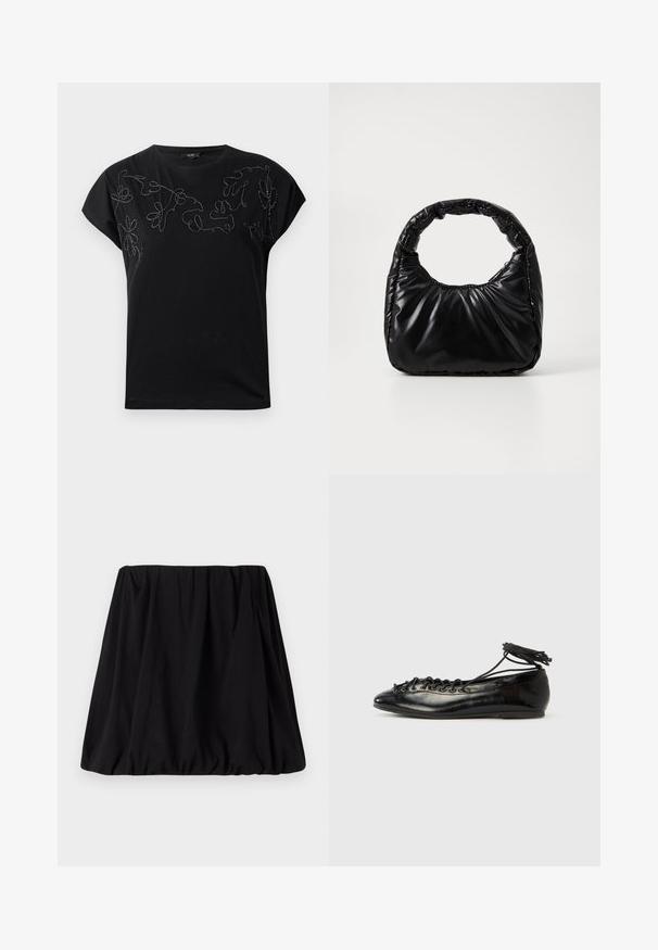 Schwarzes Kurzarm-T-Shirt mit Rundhalsausschnitt und abstrakter Blumenstickerei in genähtem Schwarz und Weiß über die Brust.; Schwarzer, geraffter Rock aus weichem Stoff, mit einem elastischen Taillenbund und einer voluminösen Silhouette. Keine sichtbaren Muster oder Akzente.; Schwarze Ballerinas aus Lackleder mit runder Spitze, Schnürdesign und flacher Sohle. Glatte Textur mit minimaler Verzierung.; Schwarze gepolsterte Handtasche mit einem runden Griff, die eine glatte, glänzende Oberfläche und eine weiche, gestepfte Textur aufweist. Keine sichtbare Hardware oder Akzente.