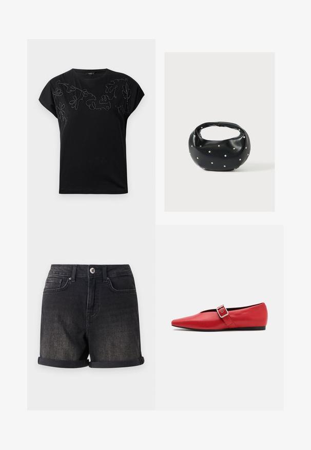 Zwarte T-shirt met korte mouwen en ronde hals, versierd met abstracte bloembroderie in gestikt zwart en wit draad over de borst.; Zwarte denim shorts met een opgerolde zoom, vijf zakken en een voorste knoopsluiting. De stof heeft een licht vervagende afwerking.; Rode leren platte schoen met een spitse neus, voorzien van een zijkant band met een metalen gesp en een lage zwarte hak. Gladde textuur overal.; Zwarte leren handtas met een afgeronde vorm, versierd met zilveren studs, en een korte handgreep. Gladde textuur en ritsluiting.